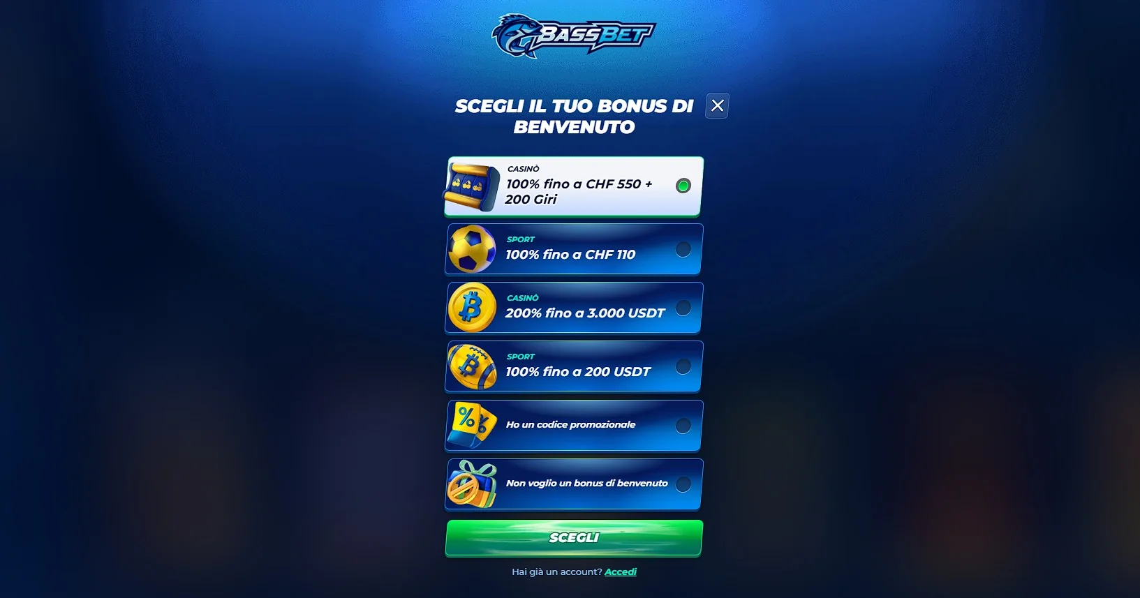 Bonus di benvenuto BassBet Casino da 100 per cento fino a 550 euro e 200 giri gratis per l'Italia